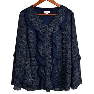 Belle by Kim Gravel Blue Print Ruffled Chiffon Blouse Women's Size XL